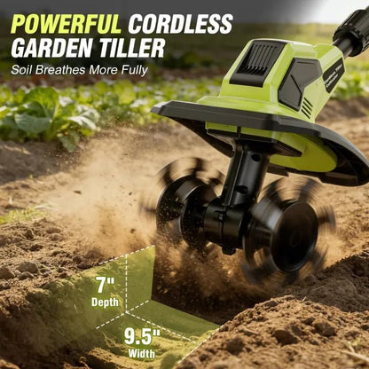 Cordless Tiller Cultivator, 21V Lightweight Tiller forGardening with 2 * Batteries, Brushless Electric Tiller with48 Steel Tines, 400RPM, 9.5" Tilling Width, 7" Depth forGardening, Soil Turning