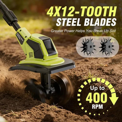 Cordless Tiller Cultivator, 21V Lightweight Tiller forGardening with 2 * Batteries, Brushless Electric Tiller with48 Steel Tines, 400RPM, 9.5" Tilling Width, 7" Depth forGardening, Soil Turning