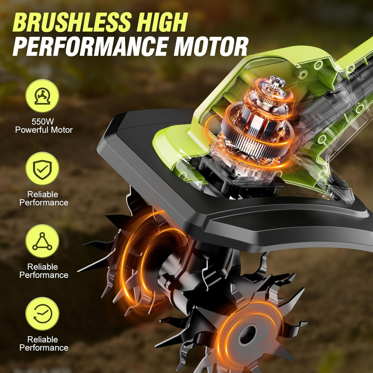 Cordless Tiller Cultivator, 21V Lightweight Tiller forGardening with 2 * Batteries, Brushless Electric Tiller with48 Steel Tines, 400RPM, 9.5" Tilling Width, 7" Depth forGardening, Soil Turning