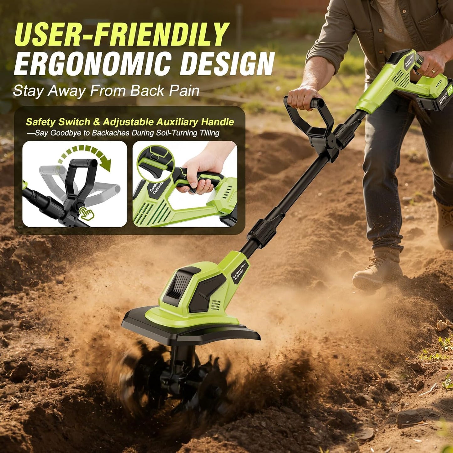 Cordless Tiller Cultivator, 21V Lightweight Tiller forGardening with 2 * Batteries, Brushless Electric Tiller with48 Steel Tines, 400RPM, 9.5" Tilling Width, 7" Depth forGardening, Soil Turning