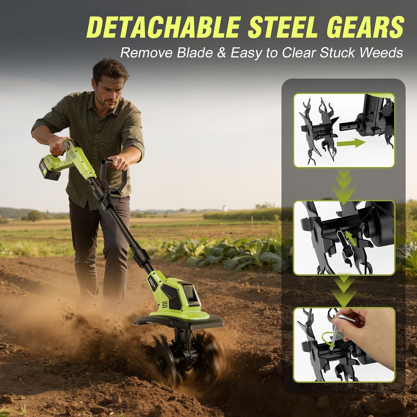 Cordless Tiller Cultivator, 21V Lightweight Tiller forGardening with 2 * Batteries, Brushless Electric Tiller with48 Steel Tines, 400RPM, 9.5" Tilling Width, 7" Depth forGardening, Soil Turning