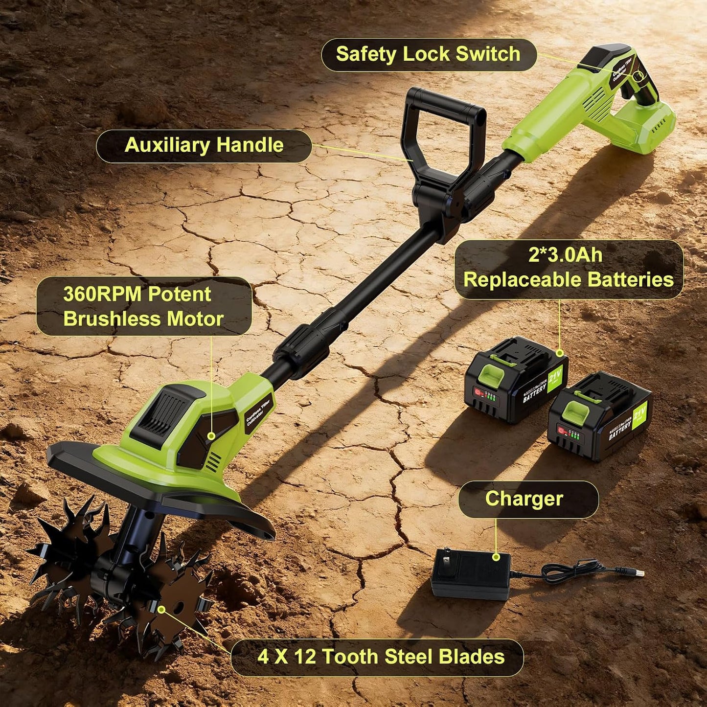 Cordless Tiller Cultivator, 21V Lightweight Tiller forGardening with 2 * Batteries, Brushless Electric Tiller with48 Steel Tines, 400RPM, 9.5" Tilling Width, 7" Depth forGardening, Soil Turning