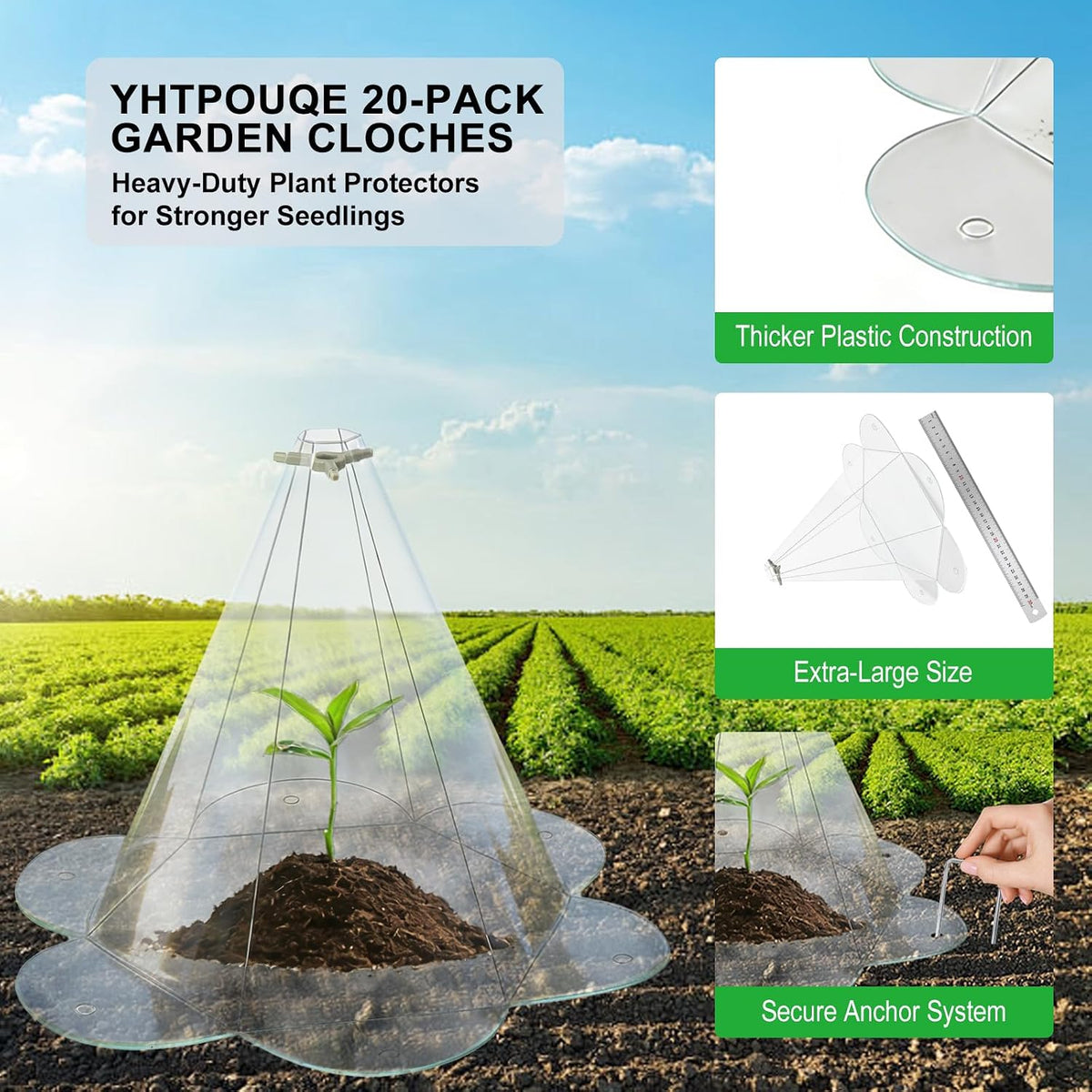 20 Pack Garden Cloches for Plants, Larger Plant Covers Freeze Protection with 40 Ground Securing Pegs, Plant Protectors from Animals for Vegetable, Flower Seedlings, 10.51" H X 10.48" D