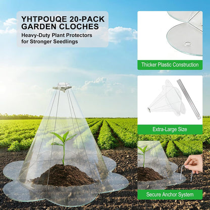 20 Pack Garden Cloches for Plants, Larger Plant Covers Freeze Protection with 40 Ground Securing Pegs, Plant Protectors from Animals for Vegetable, Flower Seedlings, 10.51" H X 10.48" D
