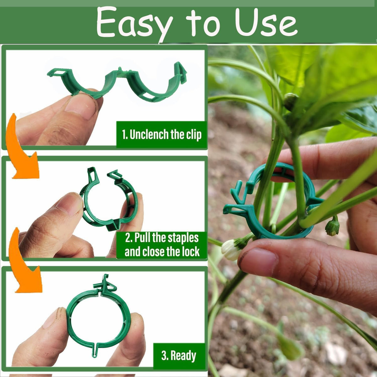 100pcs Plant Support Clips - Green Tomato Clips for String Trellis, Grape Vine Clips for Garden Netting Climbing Plants, Secured Plastic Plant Clip for Fixing Stem and Vine
