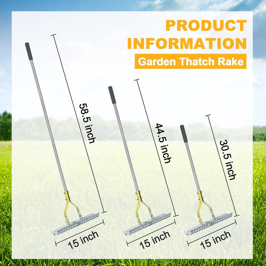 Thatch Rake, 15‑Inch Wide Dual‑Side Dethatching Rake for Lawn