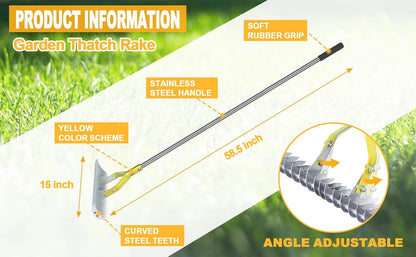 Thatch Rake, 15‑Inch Wide Dual‑Side Dethatching Rake for Lawn