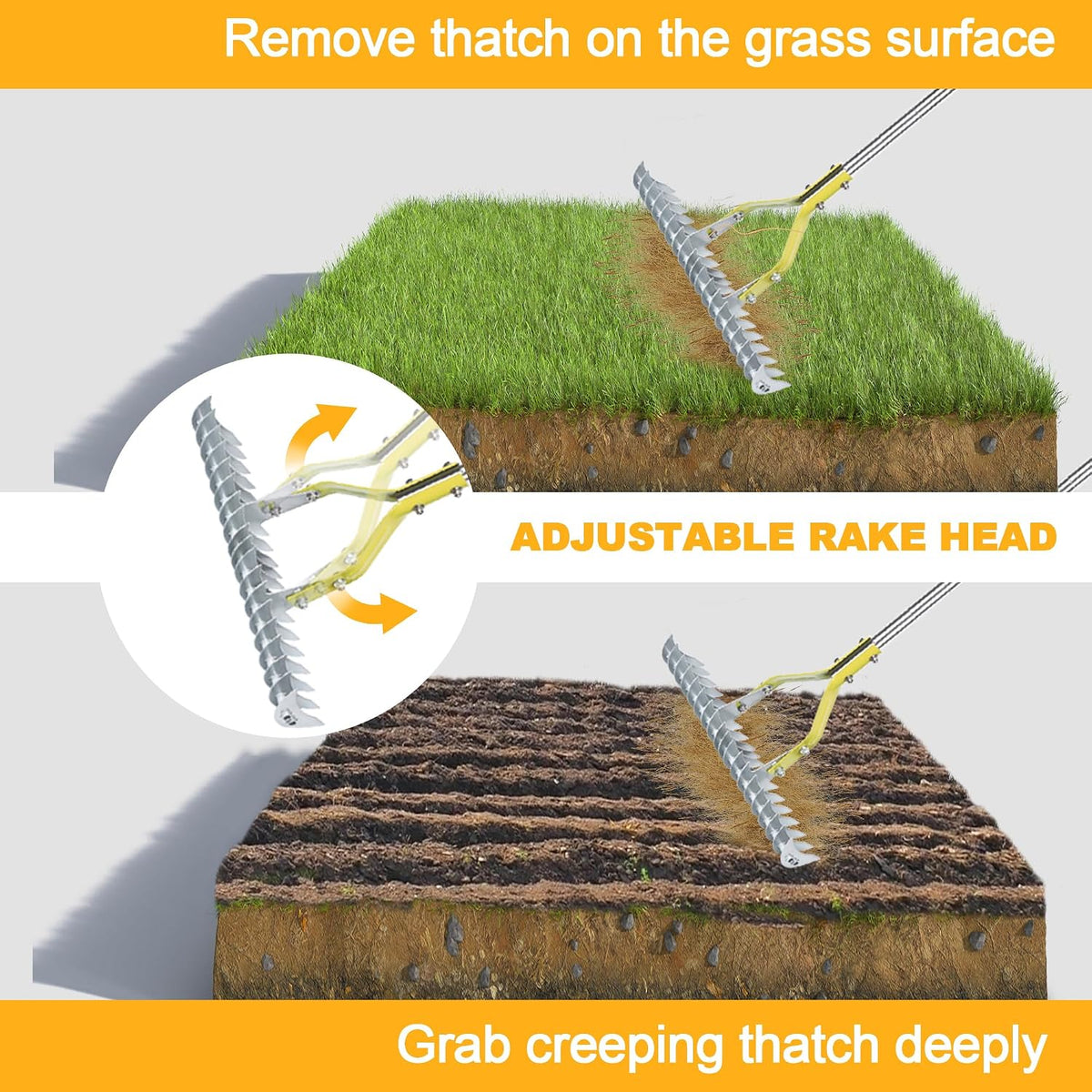 Thatch Rake, 15‑Inch Wide Dual‑Side Dethatching Rake for Lawn