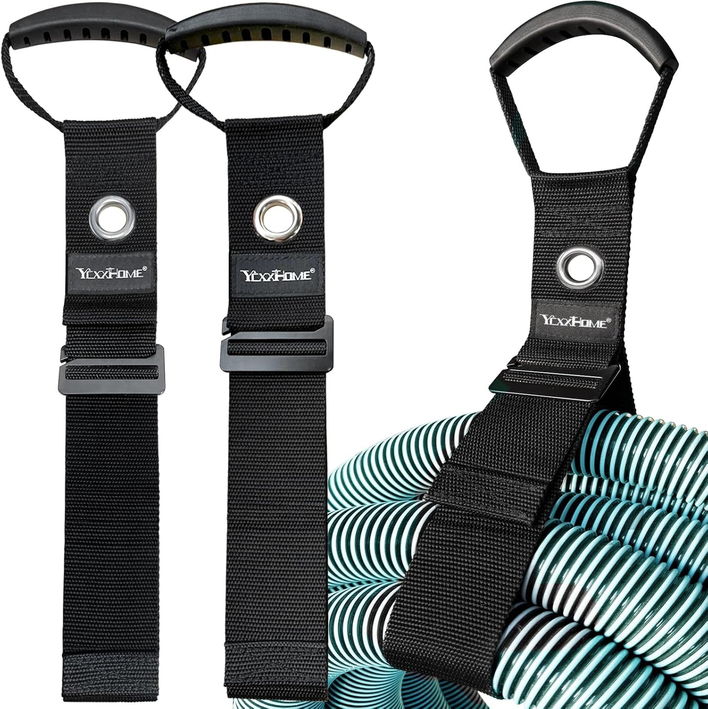 2 Pcs Heavy Duty Gravity Storage Strap with Grommet & Handle, Two Way Fastening (Coil Top + Sliding Buckle), Adjustable Hook & Loop Cable Strap for Hose, Extension Cord, Ladder, Garden Tools