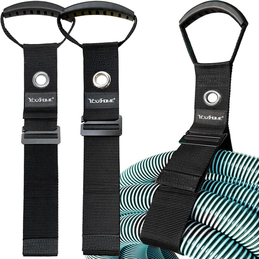 2 Pcs Heavy Duty Gravity Storage Strap with Grommet & Handle, Two Way Fastening (Coil Top + Sliding Buckle), Adjustable Hook & Loop Cable Strap for Hose, Extension Cord, Ladder, Garden Tools