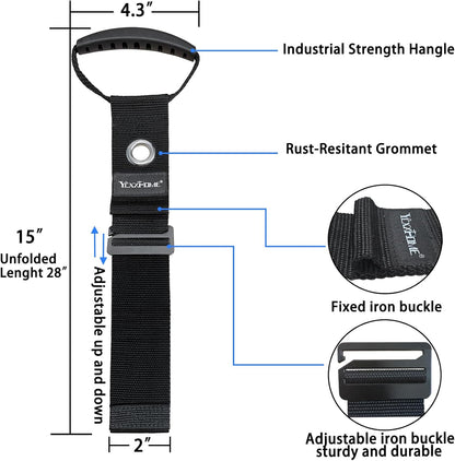 2 Pcs Heavy Duty Gravity Storage Strap with Grommet & Handle, Two Way Fastening (Coil Top + Sliding Buckle), Adjustable Hook & Loop Cable Strap for Hose, Extension Cord, Ladder, Garden Tools