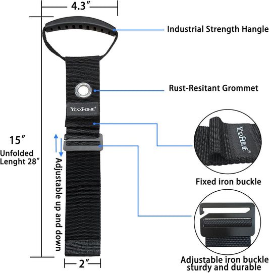 2 Pcs Heavy Duty Gravity Storage Strap with Grommet & Handle, Two Way Fastening (Coil Top + Sliding Buckle), Adjustable Hook & Loop Cable Strap for Hose, Extension Cord, Ladder, Garden Tools