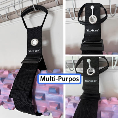 2 Pcs Heavy Duty Gravity Storage Strap with Grommet & Handle, Two Way Fastening (Coil Top + Sliding Buckle), Adjustable Hook & Loop Cable Strap for Hose, Extension Cord, Ladder, Garden Tools