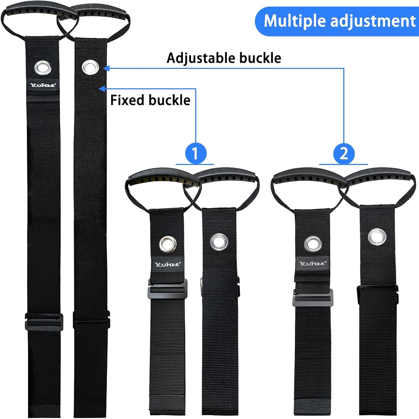 2 Pcs Heavy Duty Gravity Storage Strap with Grommet & Handle, Two Way Fastening (Coil Top + Sliding Buckle), Adjustable Hook & Loop Cable Strap for Hose, Extension Cord, Ladder, Garden Tools
