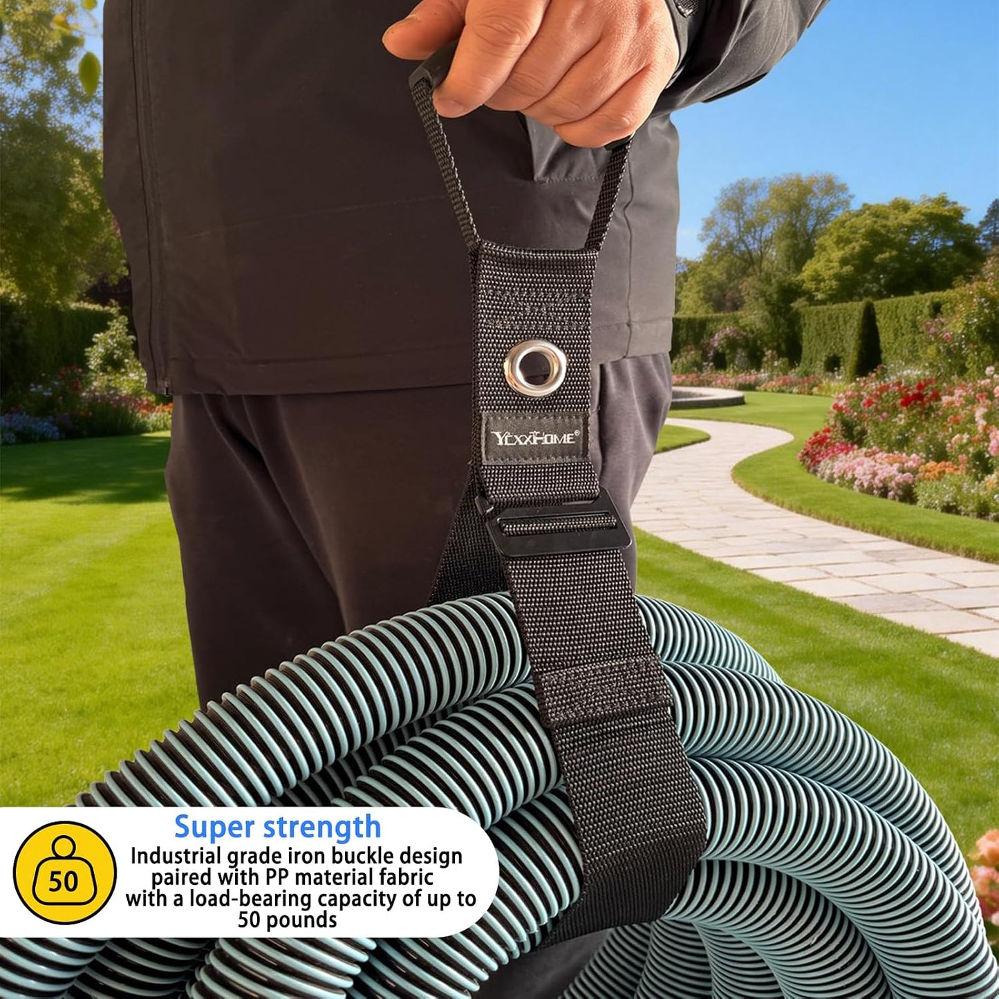 2 Pcs Heavy Duty Gravity Storage Strap with Grommet & Handle, Two Way Fastening (Coil Top + Sliding Buckle), Adjustable Hook & Loop Cable Strap for Hose, Extension Cord, Ladder, Garden Tools