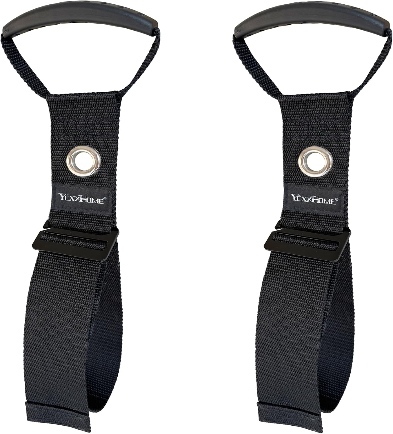 2 Pcs Heavy Duty Gravity Storage Strap with Grommet & Handle, Two Way Fastening (Coil Top + Sliding Buckle), Adjustable Hook & Loop Cable Strap for Hose, Extension Cord, Ladder, Garden Tools