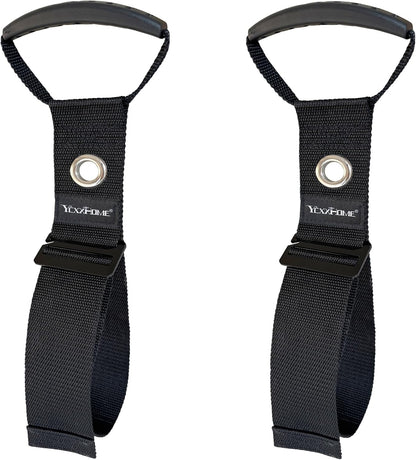 2 Pcs Heavy Duty Gravity Storage Strap with Grommet & Handle, Two Way Fastening (Coil Top + Sliding Buckle), Adjustable Hook & Loop Cable Strap for Hose, Extension Cord, Ladder, Garden Tools
