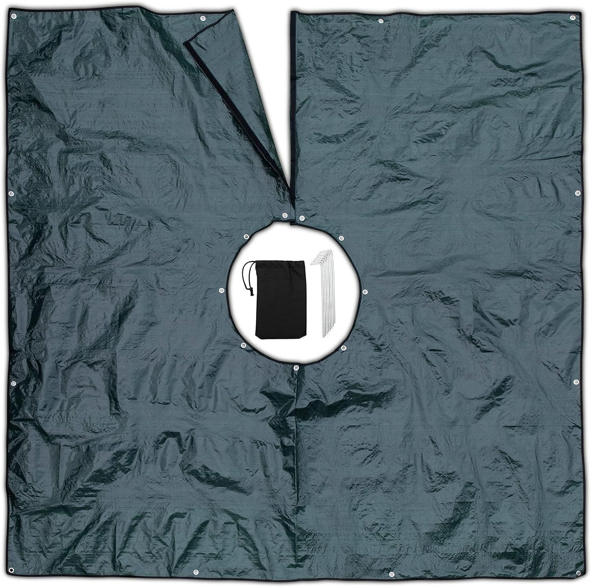 Landscape Tarp 8x8ft - 22" Center Hole to Fasten Around Trees and Shrubs - Complete with Garden Stakes