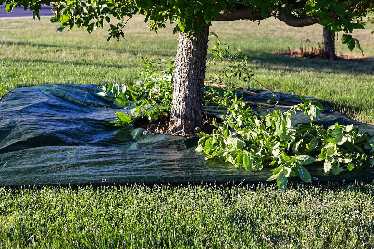 Landscape Tarp 8x8ft - 22" Center Hole to Fasten Around Trees and Shrubs - Complete with Garden Stakes