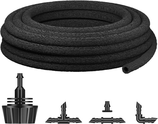 50 ft Soaker Hose, 1/4" Drip Irrigation Tubing, Porous Drip Hose for Garden Drip Line System, Garden Beds, Raised Beds & Vegetable Gardens, Rubber Irrigation Hose with Barbed Connectors