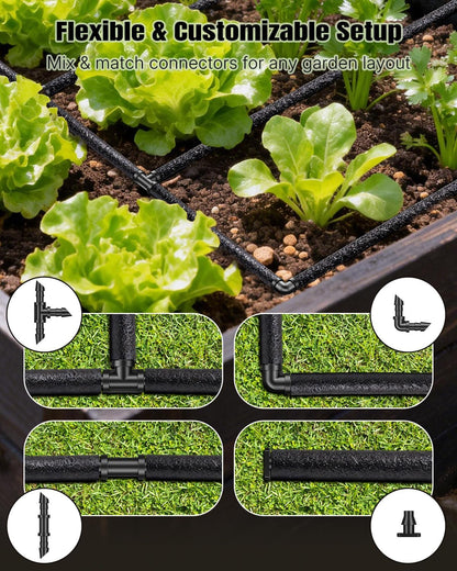 50 ft Soaker Hose, 1/4" Drip Irrigation Tubing, Porous Drip Hose for Garden Drip Line System, Garden Beds, Raised Beds & Vegetable Gardens, Rubber Irrigation Hose with Barbed Connectors
