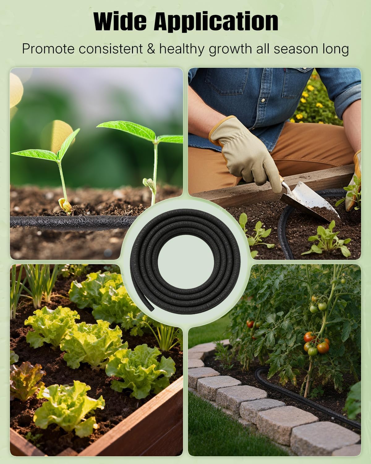 50 ft Soaker Hose, 1/4" Drip Irrigation Tubing, Porous Drip Hose for Garden Drip Line System, Garden Beds, Raised Beds & Vegetable Gardens, Rubber Irrigation Hose with Barbed Connectors