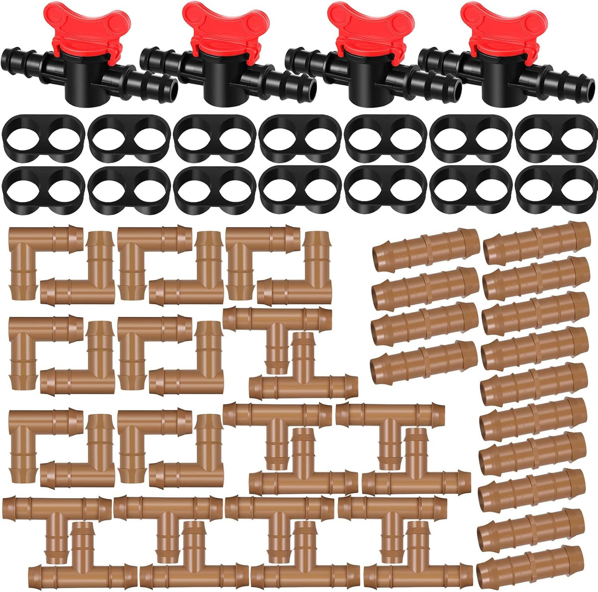 60 Pcs Drip Irrigation Fittings Kit 1/2 Inch Tubing Set Including 4 Switch Valves, 14 Tees, 14 Couplings, 14 Elbows and 14 End Cap Plugs Drip Irrigation Barbed Connectors for Drip or Sprinkler System