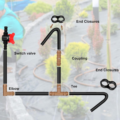 60 Pcs Drip Irrigation Fittings Kit 1/2 Inch Tubing Set Including 4 Switch Valves, 14 Tees, 14 Couplings, 14 Elbows and 14 End Cap Plugs Drip Irrigation Barbed Connectors for Drip or Sprinkler System