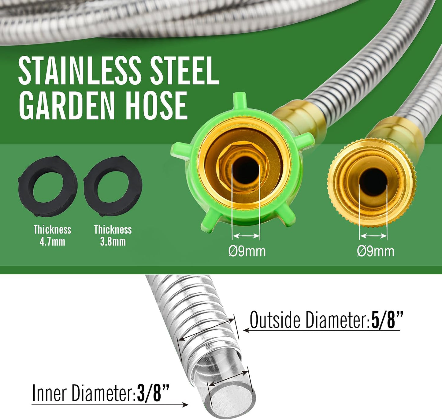 20ft Stainless Steel Garden Hose, Leakproof, No Kink,F/M Connector