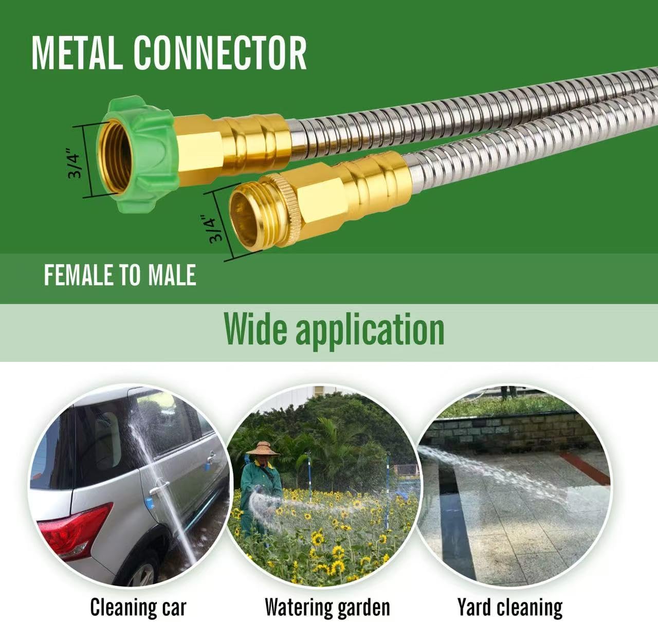 20ft Stainless Steel Garden Hose, Leakproof, No Kink,F/M Connector