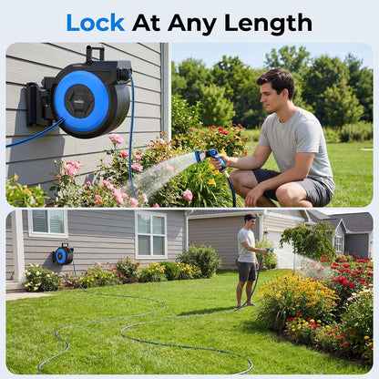 Retractable Garden Hose Reel 125 ft + 6.6 ft, 1/2 in Wall Mounted Heavy Duty Water Hose Reel with 10-Pattern Nozzle, Upgraded Slow Auto Rewind, Any Length Lock, 180° Swivel Mount