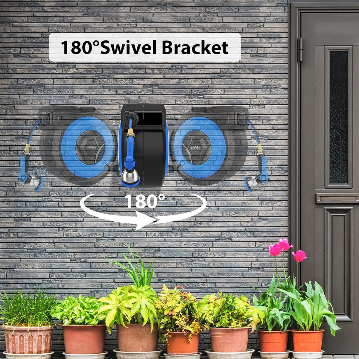 Retractable Garden Hose Reel 125 ft + 6.6 ft, 1/2 in Wall Mounted Heavy Duty Water Hose Reel with 10-Pattern Nozzle, Upgraded Slow Auto Rewind, Any Length Lock, 180° Swivel Mount