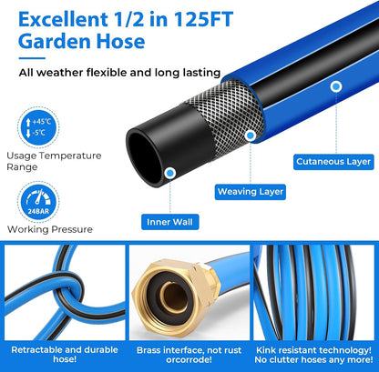 Retractable Garden Hose Reel 125 ft + 6.6 ft, 1/2 in Wall Mounted Heavy Duty Water Hose Reel with 10-Pattern Nozzle, Upgraded Slow Auto Rewind, Any Length Lock, 180° Swivel Mount