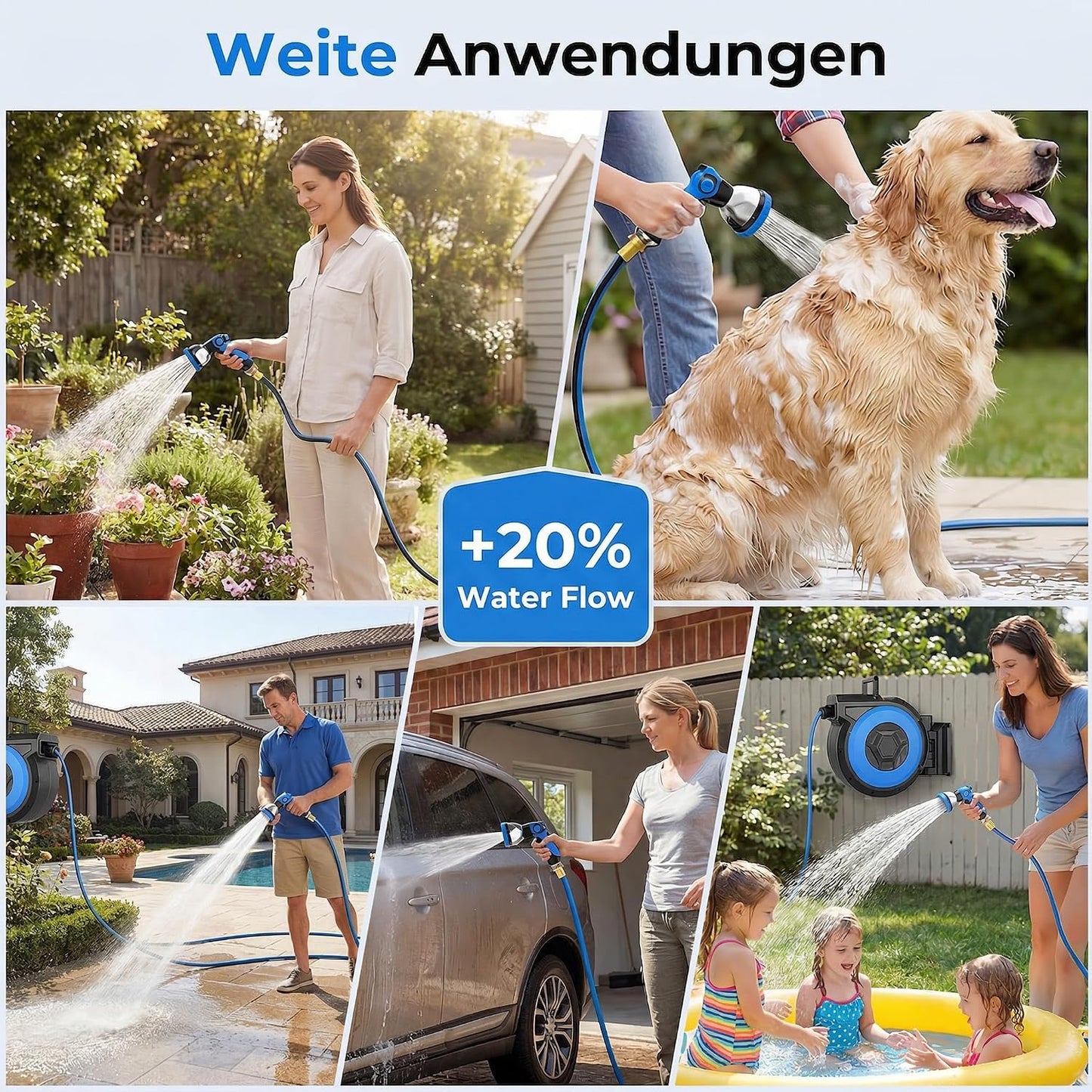 Retractable Garden Hose Reel 125 ft + 6.6 ft, 1/2 in Wall Mounted Heavy Duty Water Hose Reel with 10-Pattern Nozzle, Upgraded Slow Auto Rewind, Any Length Lock, 180° Swivel Mount