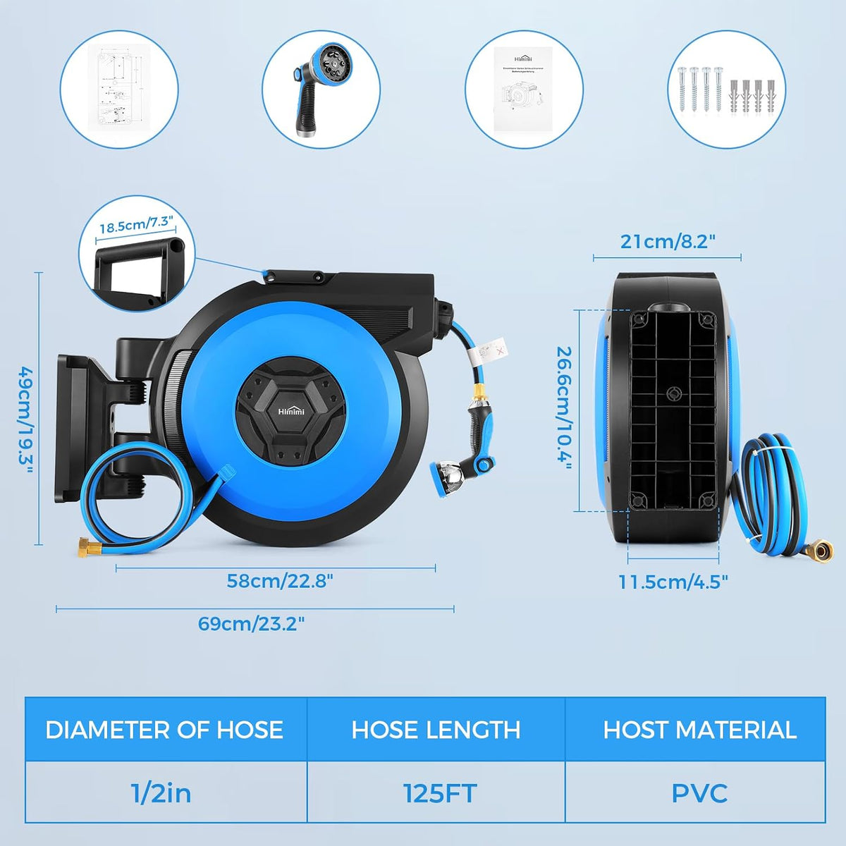 Retractable Garden Hose Reel 125 ft + 6.6 ft, 1/2 in Wall Mounted Heavy Duty Water Hose Reel with 10-Pattern Nozzle, Upgraded Slow Auto Rewind, Any Length Lock, 180° Swivel Mount