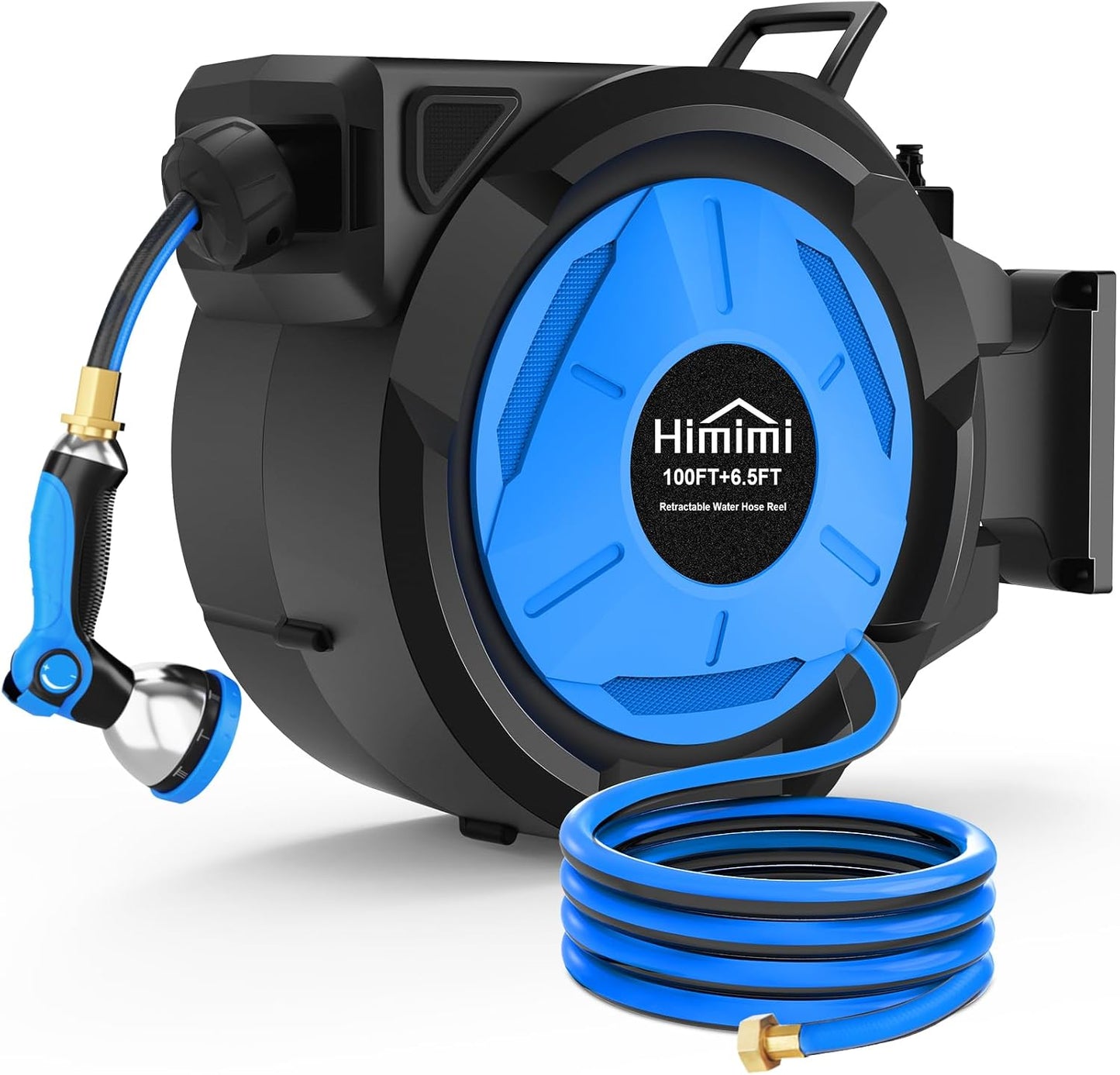 Retractable Garden Hose Reel 125 ft + 6.6 ft, 1/2 in Wall Mounted Heavy Duty Water Hose Reel with 10-Pattern Nozzle, Upgraded Slow Auto Rewind, Any Length Lock, 180° Swivel Mount