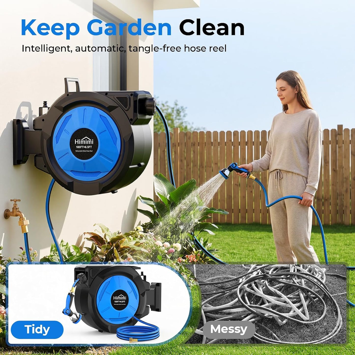 Retractable Garden Hose Reel 125 ft + 6.6 ft, 1/2 in Wall Mounted Heavy Duty Water Hose Reel with 10-Pattern Nozzle, Upgraded Slow Auto Rewind, Any Length Lock, 180° Swivel Mount