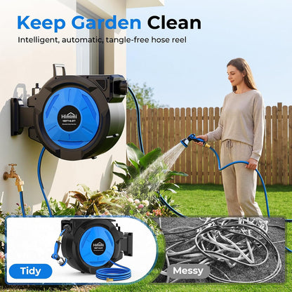 Retractable Garden Hose Reel 125 ft + 6.6 ft, 1/2 in Wall Mounted Heavy Duty Water Hose Reel with 10-Pattern Nozzle, Upgraded Slow Auto Rewind, Any Length Lock, 180° Swivel Mount