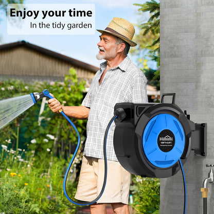 Retractable Garden Hose Reel 125 ft + 6.6 ft, 1/2 in Wall Mounted Heavy Duty Water Hose Reel with 10-Pattern Nozzle, Upgraded Slow Auto Rewind, Any Length Lock, 180° Swivel Mount