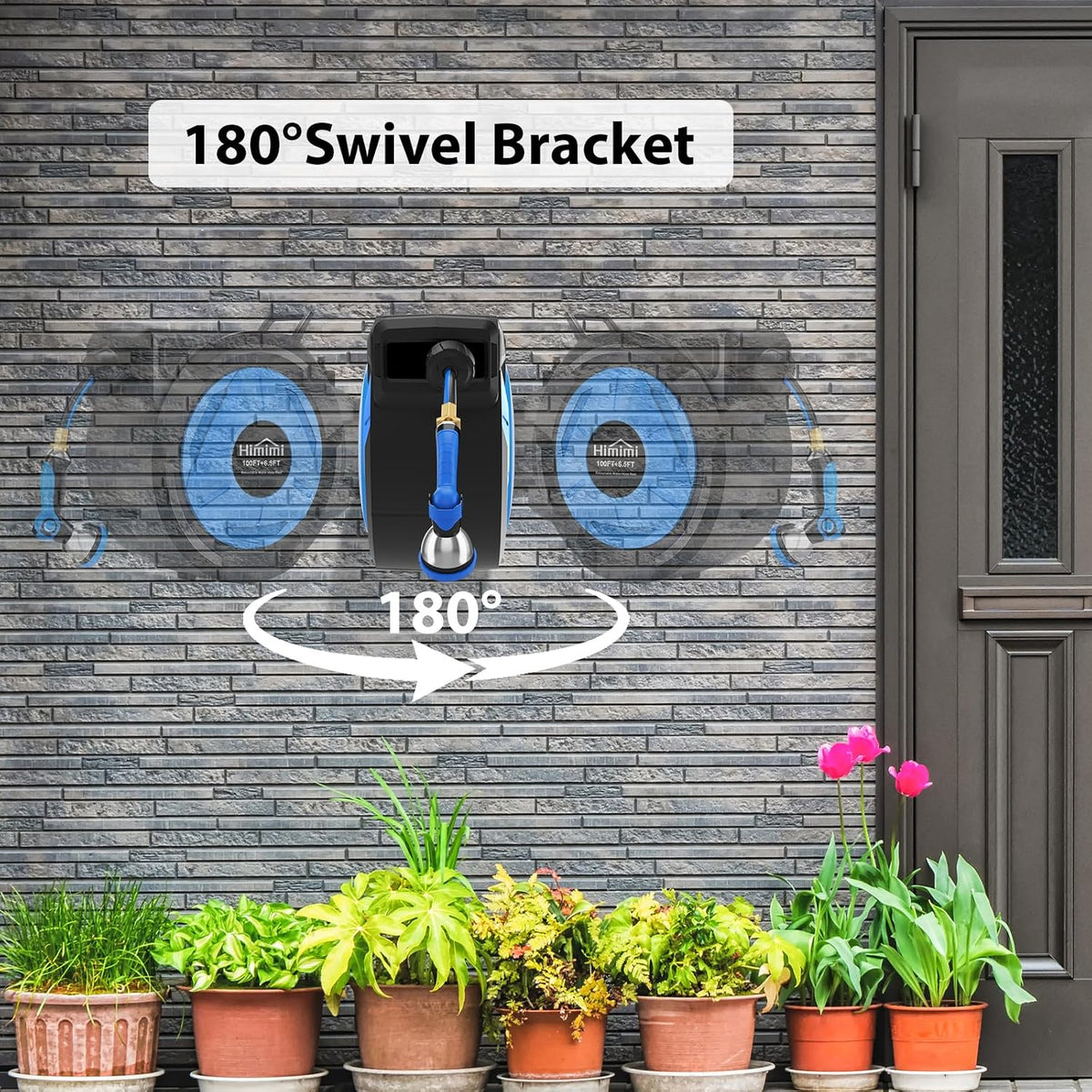 Retractable Garden Hose Reel 125 ft + 6.6 ft, 1/2 in Wall Mounted Heavy Duty Water Hose Reel with 10-Pattern Nozzle, Upgraded Slow Auto Rewind, Any Length Lock, 180° Swivel Mount