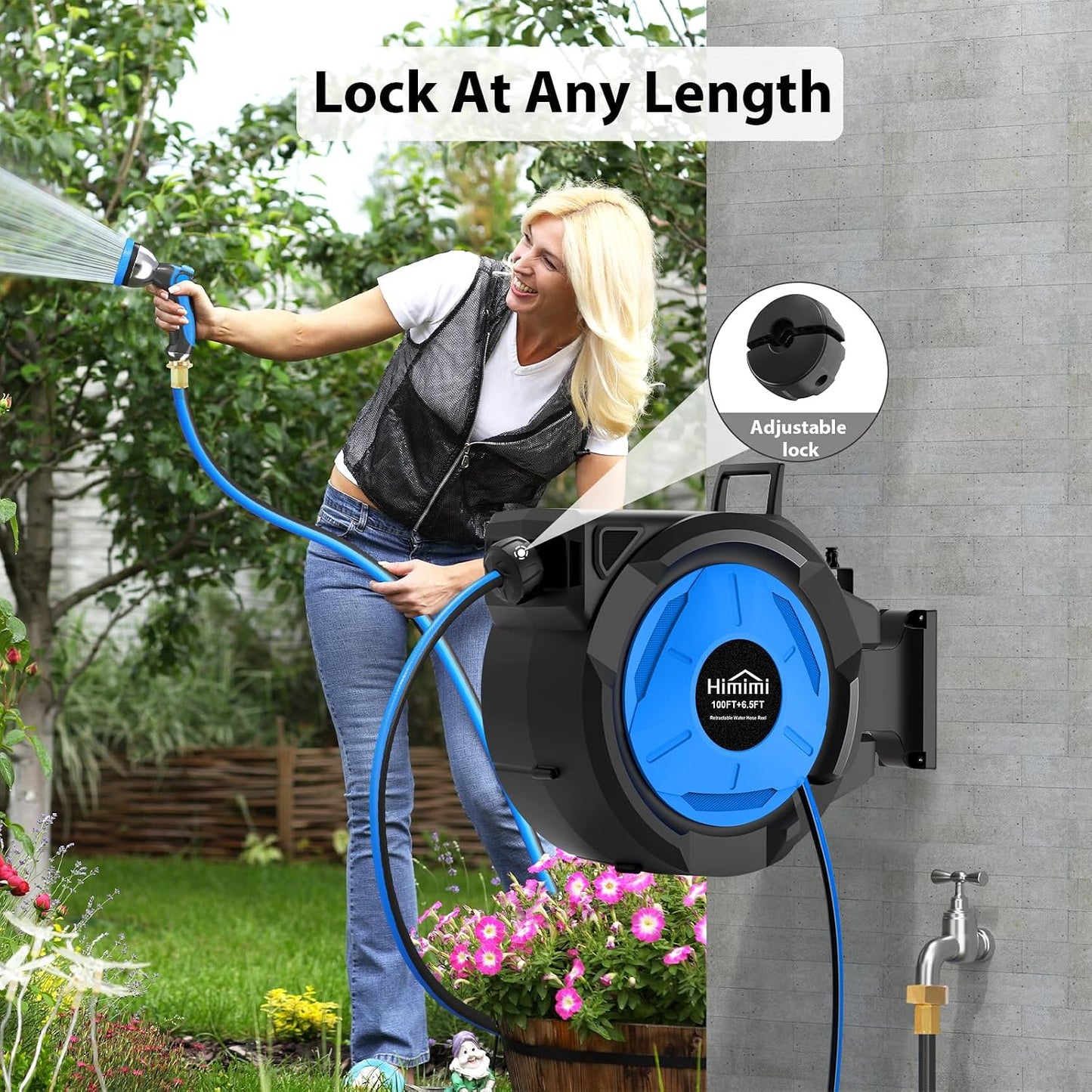 Retractable Garden Hose Reel 125 ft + 6.6 ft, 1/2 in Wall Mounted Heavy Duty Water Hose Reel with 10-Pattern Nozzle, Upgraded Slow Auto Rewind, Any Length Lock, 180° Swivel Mount