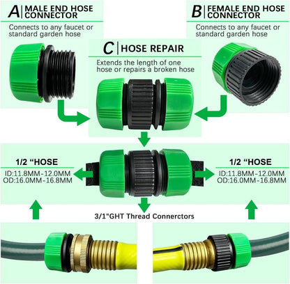 1/2" Soaker Hose and Garden Hose Fittings: Female and Male Connectors, Valves, and Straight Connectors