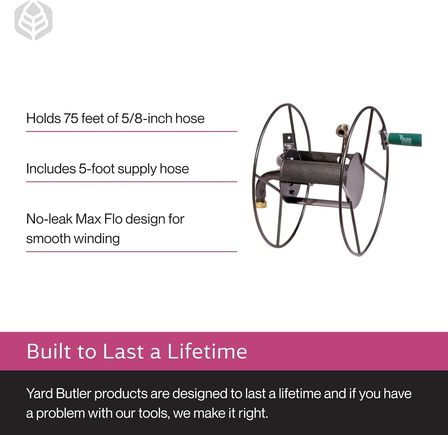 Wall Mounted Swivel Hose Reel, 90°, 75ft - Leakproof Hose Storage Solution - Durable Powder Coated Steel Construction - Rust Resistant Outdoor Watering Accessory - Tangle-Free Operation