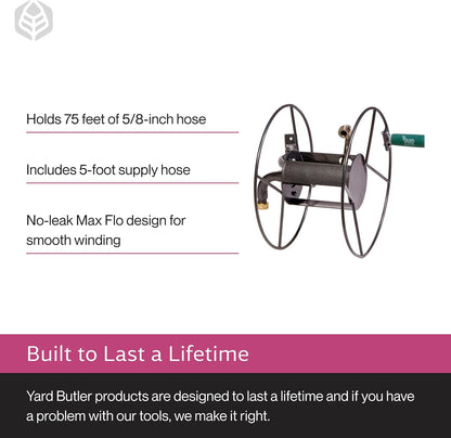 Wall Mounted Swivel Hose Reel, 90°, 75ft - Leakproof Hose Storage Solution - Durable Powder Coated Steel Construction - Rust Resistant Outdoor Watering Accessory - Tangle-Free Operation