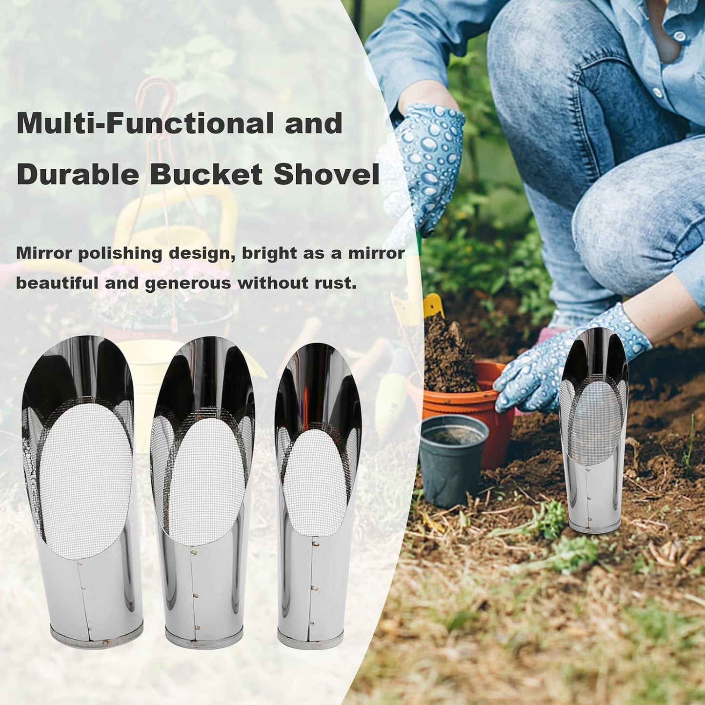 3Pcs Bonsai Soil Scoops Garden Bonsai Tool Bucket Shovel 3 Sizes Soil Scoops Soil Metal Spade Shovel Succulent Planting Potting Cup for Home Gardening Silver