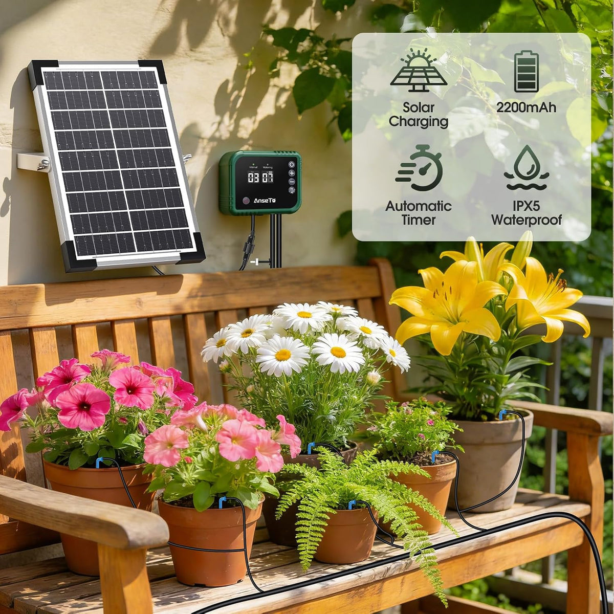 8W Solar Drip Irrigation System for Garden, Supports 30 Pots Plants