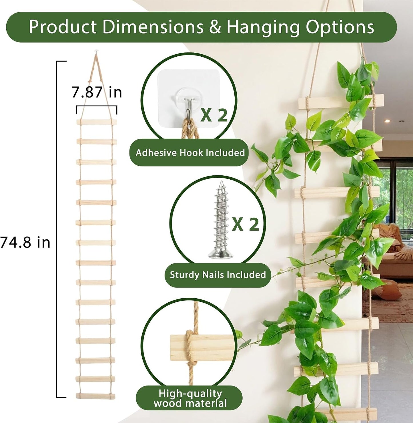 Wooden Ladder Plant Trellis for Climbing Plants – 6ft Extra Tall Indoor & Outdoor Hanging Wall Wooden Trellis Garden Plant Support, Easy to Install for Vines, Ivy, Pothos, Potted Plants