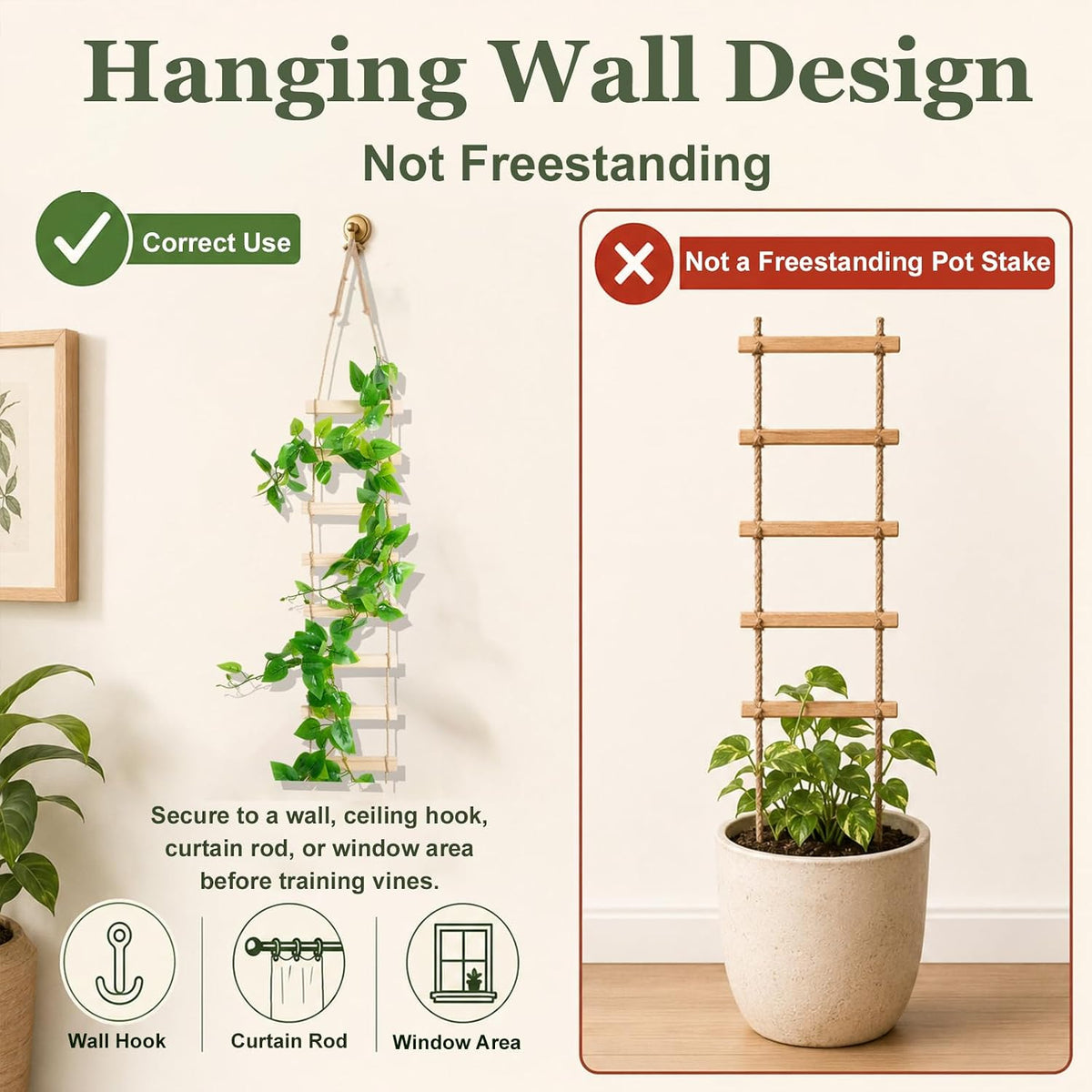 Wooden Ladder Plant Trellis for Climbing Plants – 6ft Extra Tall Indoor & Outdoor Hanging Wall Wooden Trellis Garden Plant Support, Easy to Install for Vines, Ivy, Pothos, Potted Plants