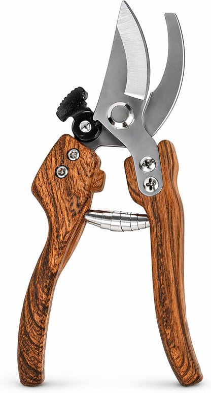 Pruning Shears, 5/8-Inch Cut Capacity Garden Clippers, Spring-Assisted Hand Pruners with Sharp Steel Blade, Ergonomic Wood-Grain Finish Handle for Roses, Shrubs, Stems, Herbs and Garden Harvesting