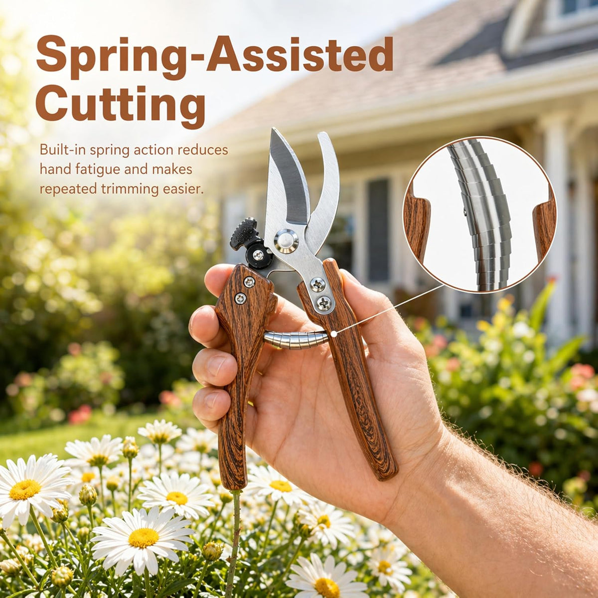 Pruning Shears, 5/8-Inch Cut Capacity Garden Clippers, Spring-Assisted Hand Pruners with Sharp Steel Blade, Ergonomic Wood-Grain Finish Handle for Roses, Shrubs, Stems, Herbs and Garden Harvesting